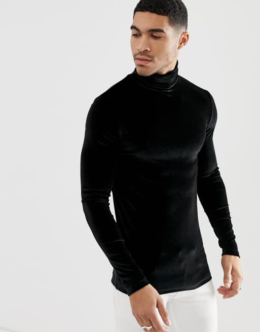 ASOS DESIGN - Aansluitend T-shirt met lange mouwen, stretch en col van velours in zwart