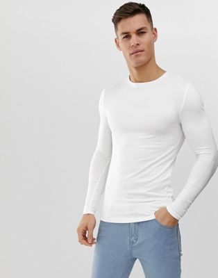 ASOS DESIGN - Aansluitend T-shirt van biologisch katoen met lange mouwen en ronde hals in wit