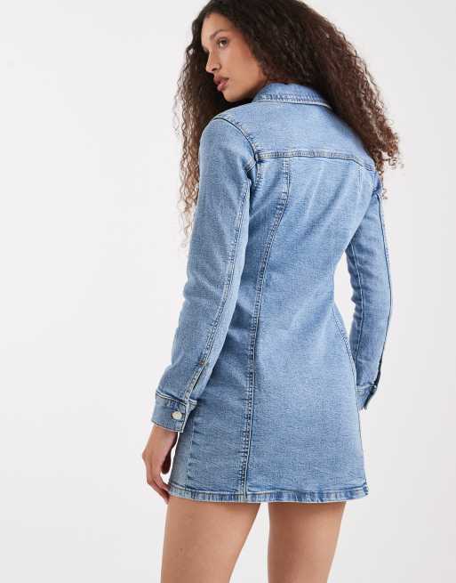 ASOS DESIGN - Aansluitende denim mini-overhemdjurk met lange mouwen in middenblauw, 4 van 4