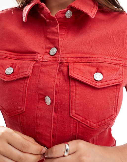 ASOS DESIGN - Aansluitende denim overhemdjurk in rood, 4 van 4