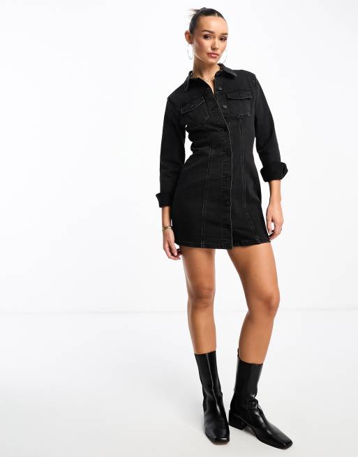 ASOS DESIGN - Aansluitende denim overhemdjurk met lange mouwen in zwart, 3 van 4