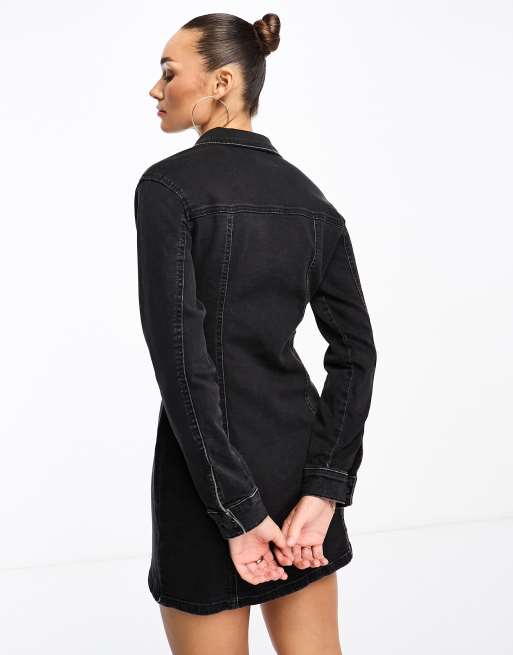 ASOS DESIGN - Aansluitende denim overhemdjurk met lange mouwen in zwart, 4 van 4