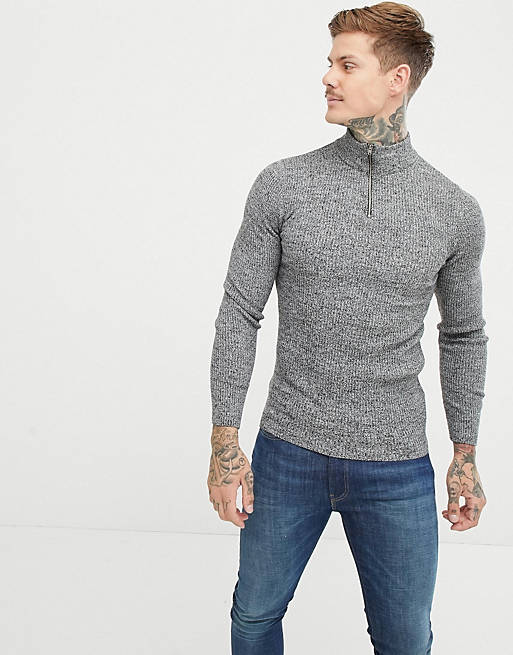 ASOS Design - Aansluitende geribbelde trui met halve rits in grijs