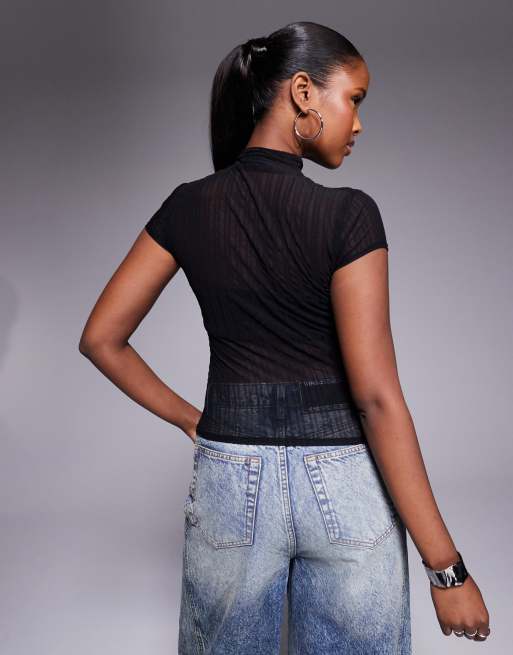 ASOS DESIGN - Aansluitende gerimpelde top van mesh met knopen met rouleau-lussen in zwart, 4 van 4
