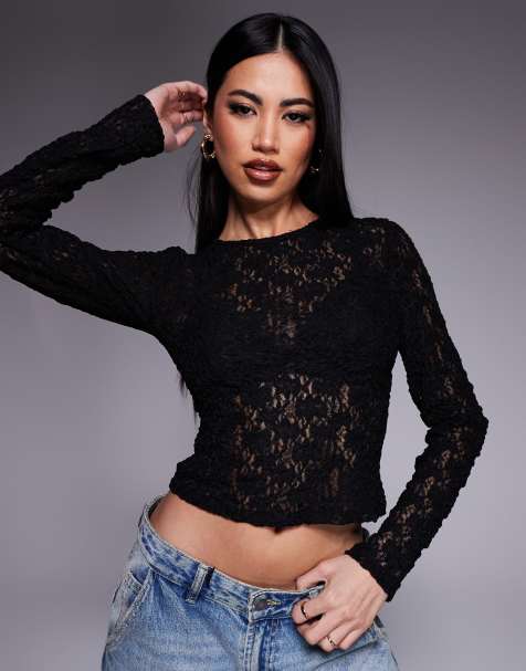 ASOS DESIGN - Aansluitende kanten top met lange mouwen en ronde hals in zwart - view 1