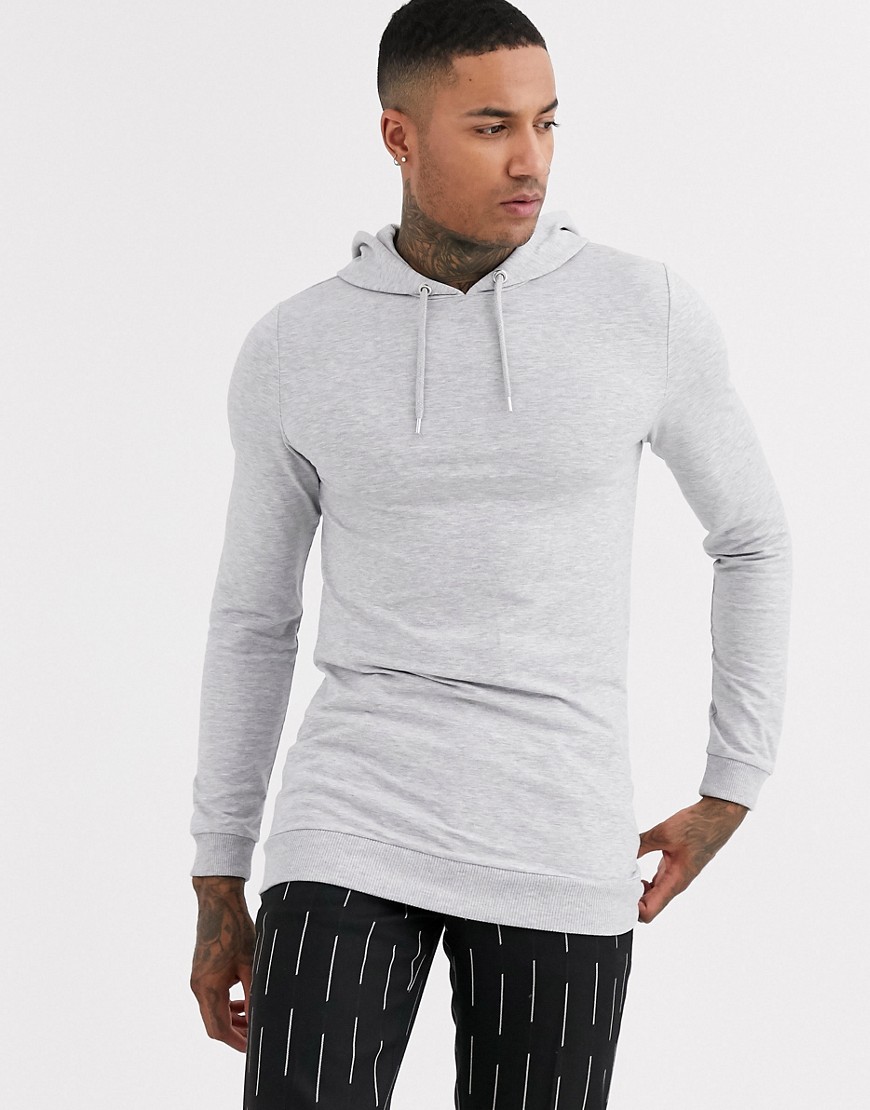 ASOS DESIGN - Aansluitende lange hoodie in gemeleerd grijs