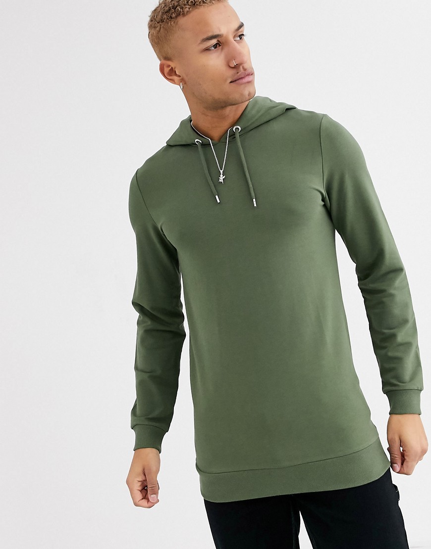 ASOS DESIGN - Aansluitende lange hoodie in kaki-Groen
