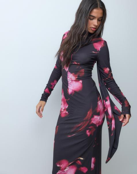 ASOS DESIGN aansluitende maxi-jurk met lange mouwen, hoogsluitende hals en sjaaldetail in bloemenprint - view 1