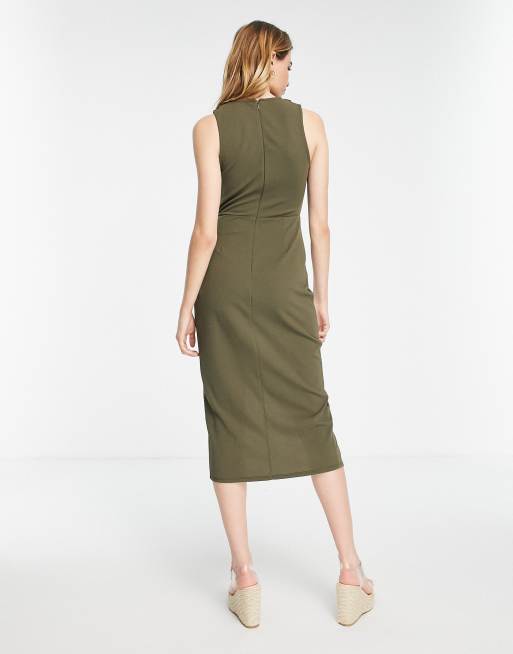 ASOS DESIGN - Aansluitende midi jurk met aangerimpeld detail in kaki, 4 van 4