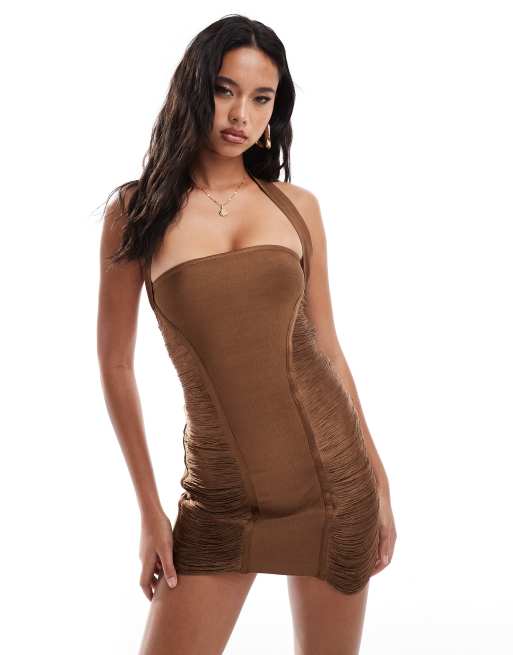 ASOS DESIGN - Aansluitende mini-jurk met vierkante hals, halternek en inzetstukken met gedrapeerde franjes in chocoladebruin