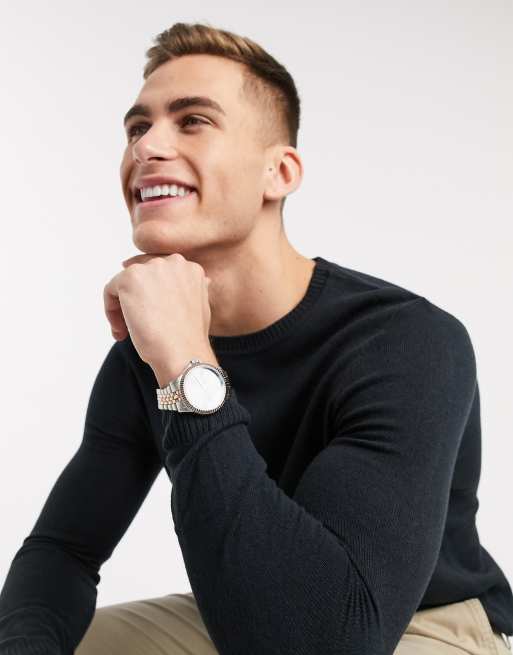 ASOS DESIGN - Aansluitende muscle fit trui met ronde hals in marineblauw