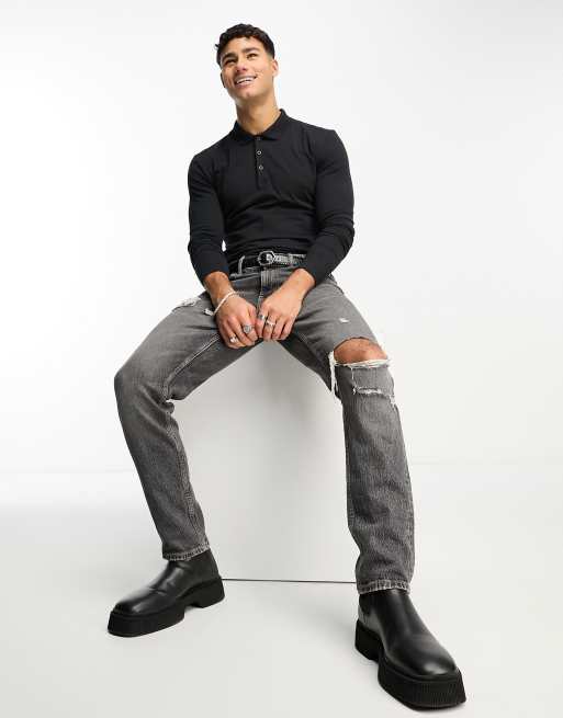 ASOS DESIGN - Aansluitende polo met lange mouwen in zwart, 4 van 4