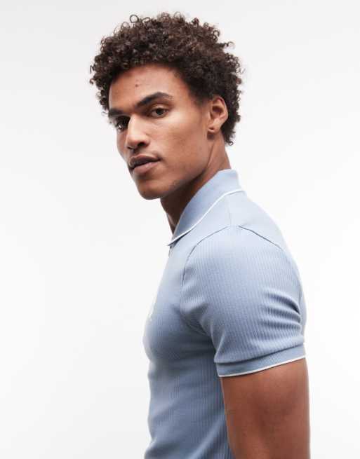 ASOS DESIGN - Aansluitende polo van zware geribbelde stof ,et borduursel in blauw, 4 van 5