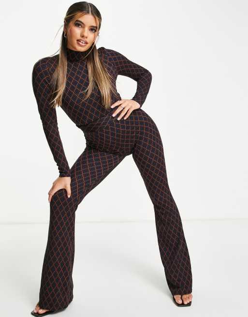 ASOS DESIGN - Aansluitende, wijduitlopende jacquard jumpsuit met retro geometrische print