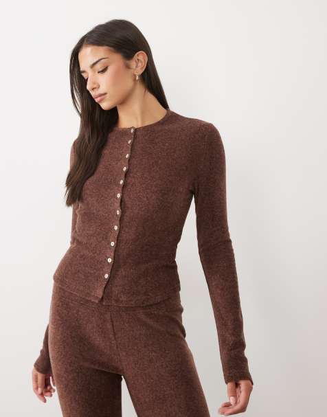 ASOS DESIGN abbigliamento da casa Mix & Match cardigan in pile leggero con bottoni color cioccolato - view 1