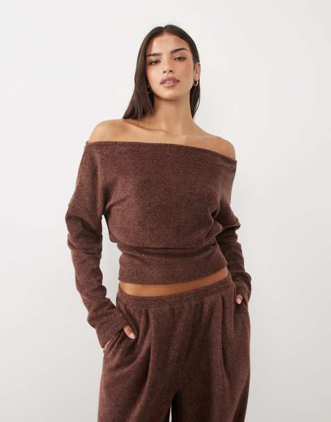 ASOS DESIGN abbigliamento da casa Mix & Match top in pile leggero con spalle scoperte color cioccolato - view 1