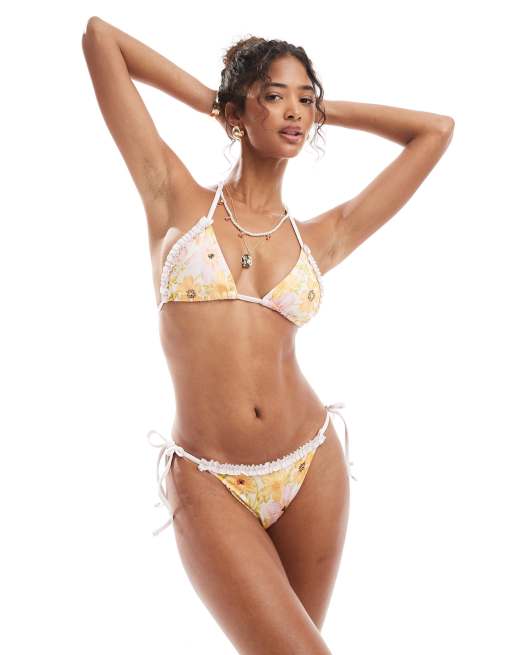 ASOS DESIGN - Abi - Slip bikini con volant, stampa a fiori multicolore e laccetti laterali