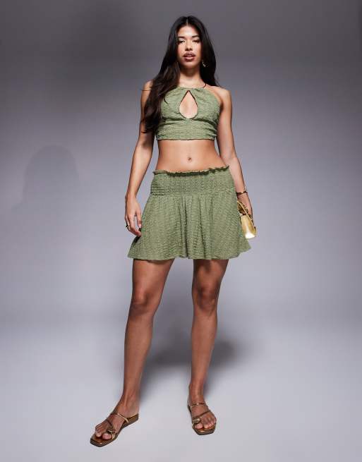 ASOS DESIGN Abigail crochet halter beach top co-ord with hardware detail in khaki, 2 of 4