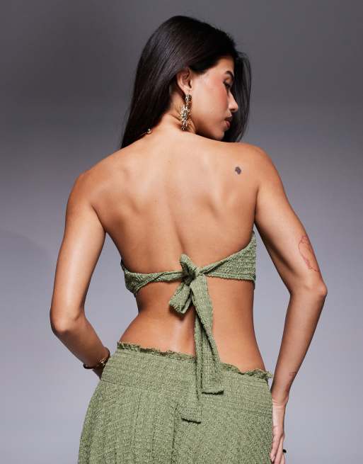 ASOS DESIGN Abigail crochet halter beach top co-ord with hardware detail in khaki, 3 of 4