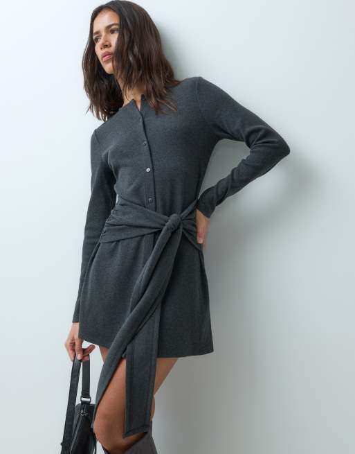 ASOS DESIGN abito a maniche lunghe con dettaglio in vita annodato, grigio antracite, 5 di 5