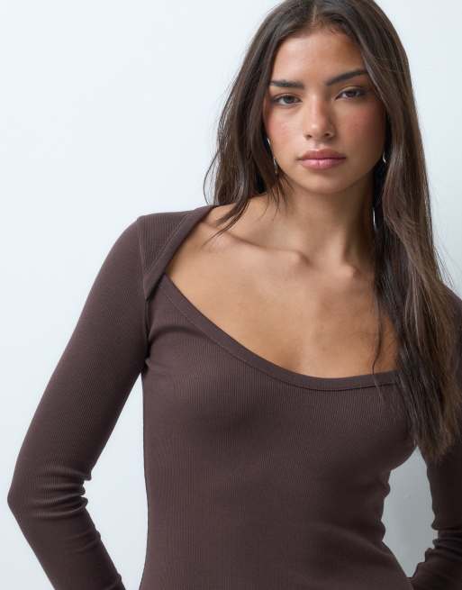 ASOS DESIGN abito corto a coste con scollo a cuore color cioccolato, 3 di 5