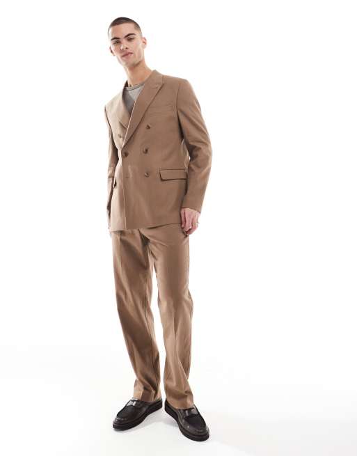 ASOS DESIGN - Abito doppiopetto regular fit in misto lino marrone
