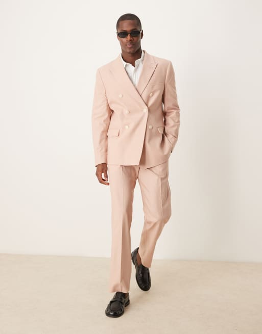 ASOS DESIGN - Abito doppiopetto slim in misto lino color rosa polvere