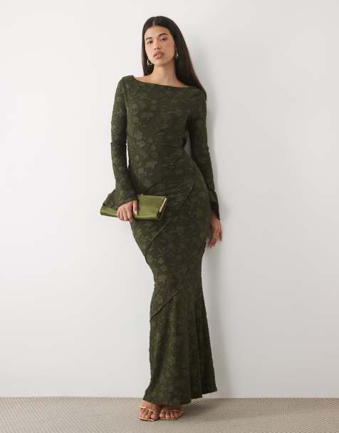 ASOS DESIGN abito lungo devoré a maniche lunghe con schiena aperta in cachi scuro - view 1