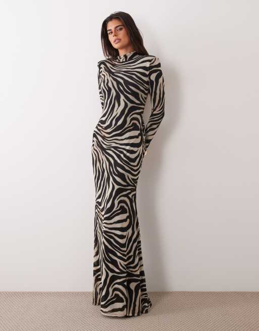 ASOS DESIGN abito lungo in mesh con stampa zebra animalier, scollo ad anello profondo, fusciacca oversize e spalline imbottite, multicolore, 1 di 4