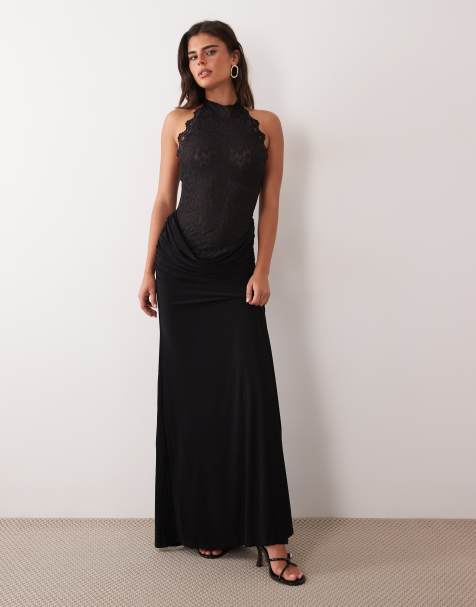 ASOS DESIGN abito lungo in pizzo con allacciatura al collo, collo alto e gonna drappeggiata nero - view 1