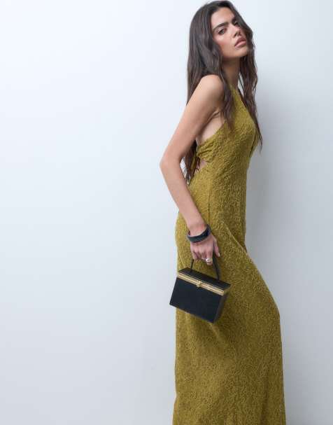 ASOS DESIGN abito lungo in pizzo con scollatura profonda a V in verde oliva - view 1