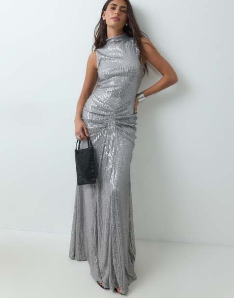 ASOS DESIGN abito maxi a colonna in rete con paillettes, collo alto e dettagli godet, argento - view 1