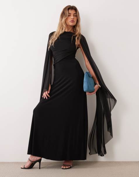 ASOS DESIGN abito maxi con mantella in rete e dettaglio corpetto drappeggiato nero - view 1