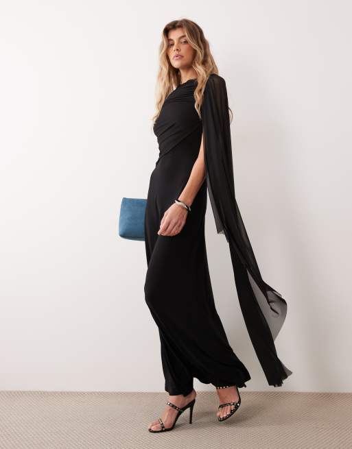 ASOS DESIGN abito maxi con mantella in rete e dettaglio corpetto drappeggiato nero, 1 di 4