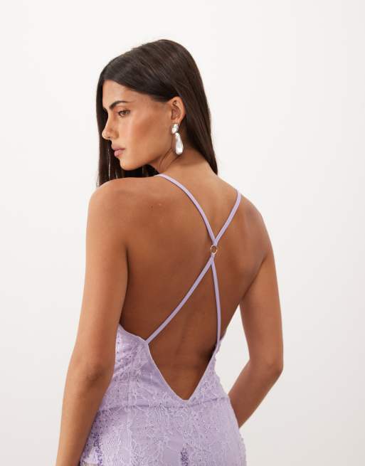 ASOS DESIGN abito maxi con scollo profondo in pizzo decorato con hotfix, schiena scoperta e gonna trasparente lilla, 4 di 4