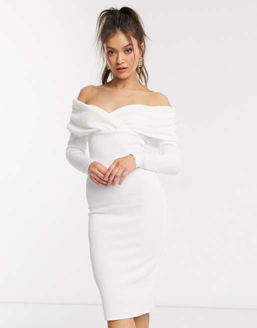 ASOS DESIGN - Abito midi a maniche lunghe in tessuto scuba con arricciature laterali e scollo alla bardot bianco