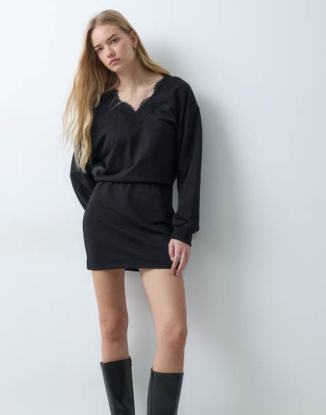 ASOS DESIGN abito mini felpa con bordo in pizzo e scollo a V nero - view 1
