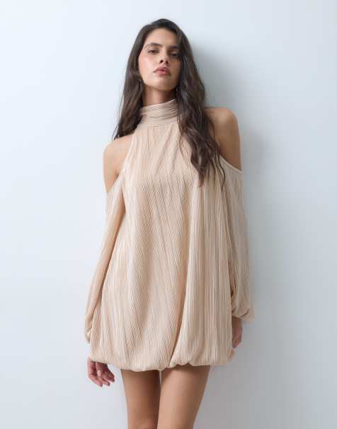 ASOS DESIGN abito mini plissé bubble con collo alto color champagne - view 1