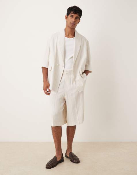 ASOS DESIGN - Abito oversize extra largo in misto lino color pietra con motivo gessato - view 1