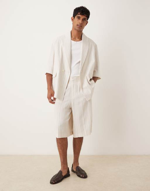 ASOS DESIGN - Abito oversize extra largo in misto lino color pietra con motivo gessato