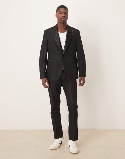 ASOS DESIGN - Abito slim in misto lino nero stile smoking