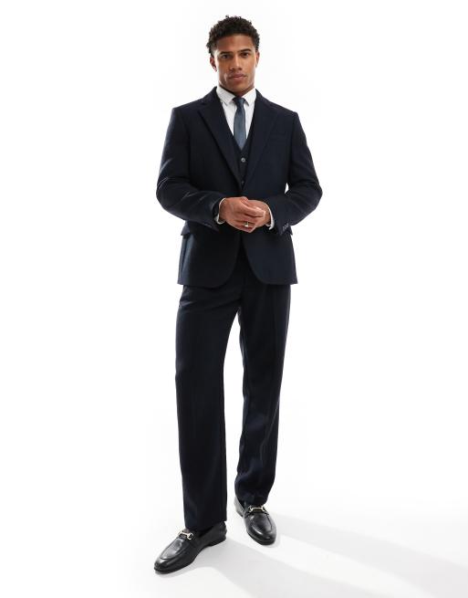ASOS DESIGN - Abito slim in twill di misto lana blu navy