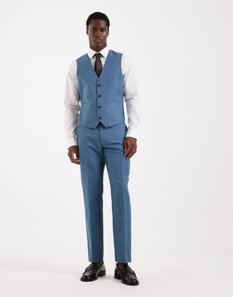 ASOS DESIGN - Abito slim in twill di misto lino blu medio - view 1