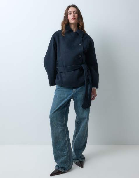 ASOS DESIGN - Abrigo corto azul marino con cinturón bajo de mezcla de lana - view 1