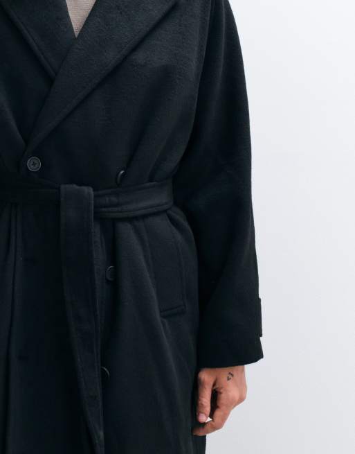 ASOS DESIGN - abrigo extragrande con cinturón efecto lana en negro, 2 de 5