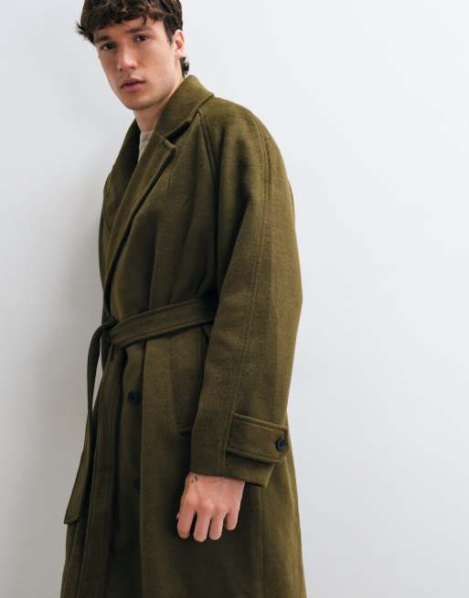 ASOS DESIGN - abrigo extragrande con efecto lana y cinturón en verde oscuro, 2 de 5