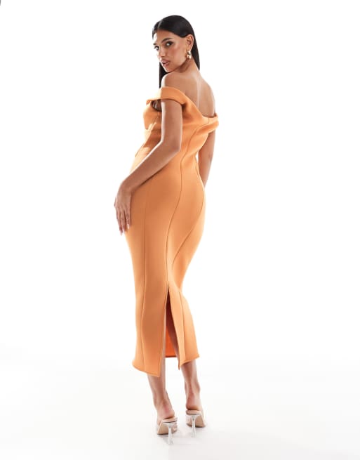 ASOS DESIGN - Abrikosfarvet midikjole med struktur og bardot-snit samt pencil-nederdel, 4 af 4