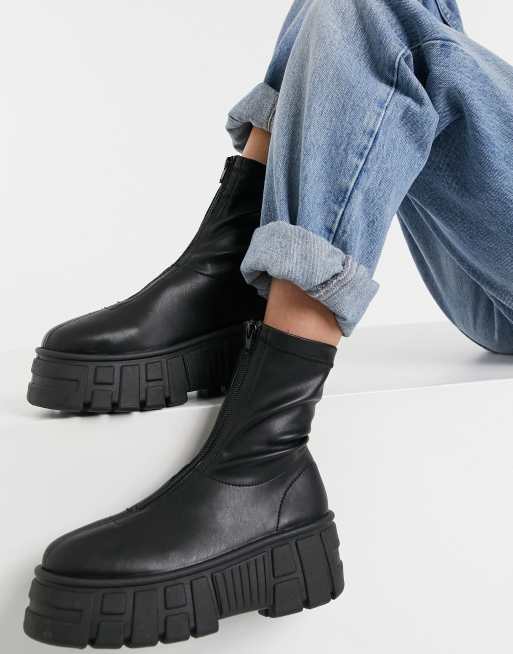 ASOS DESIGN – Absolute – Lederstiefel in Schwarz mit Vorderreißverschluss und dicker Sohle