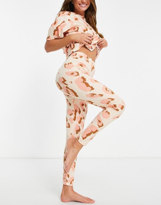 ASOS DESIGN abstract animal oversized tee & legging pyjama set in rust & pink, 2 of 4