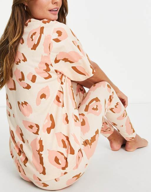 ASOS DESIGN abstract animal oversized tee & legging pyjama set in rust & pink, 3 of 4